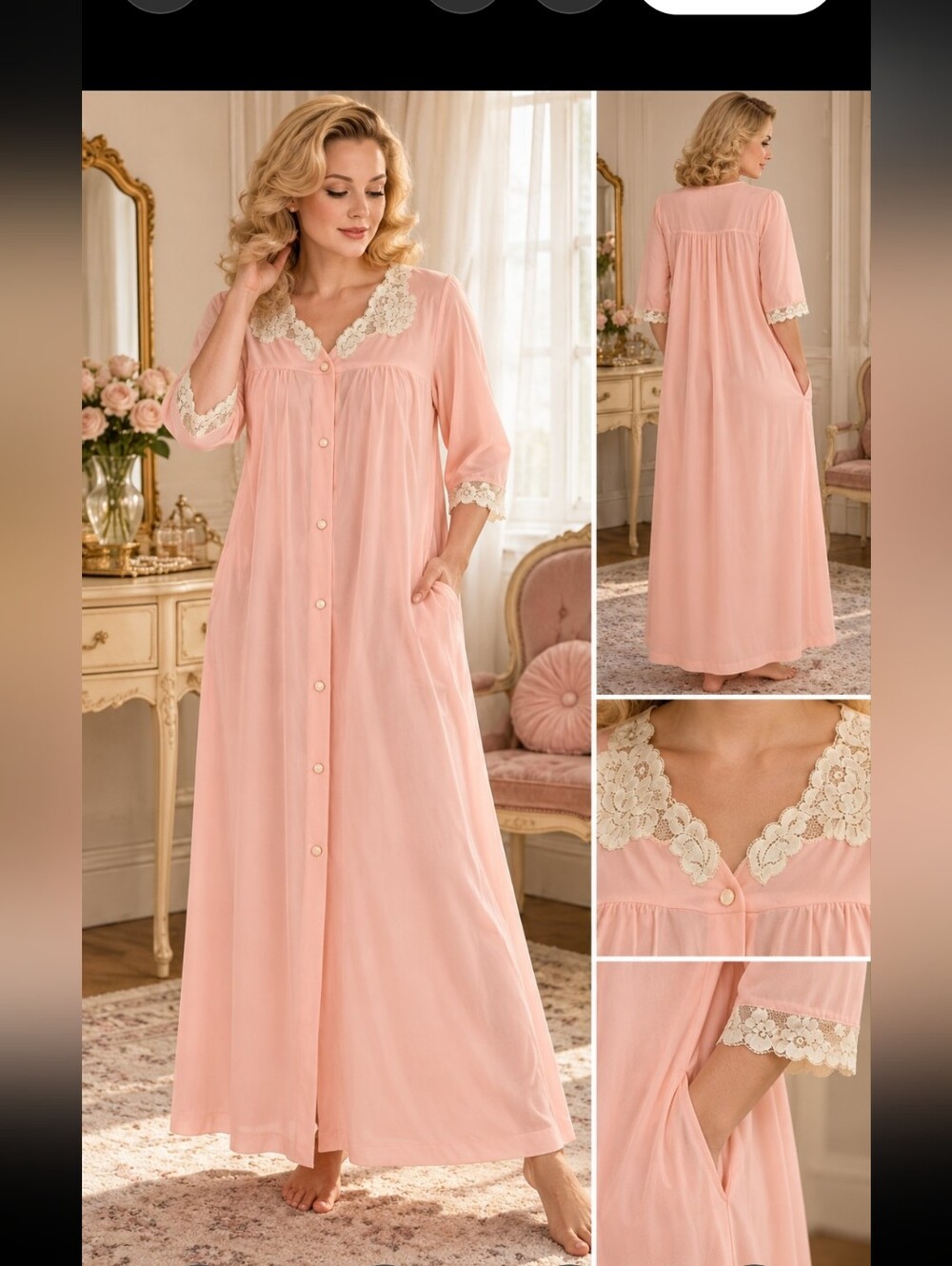 Vintage 1950s Komar Pink Nylon Tricot Robe Nightgown Lace Collar Button Front